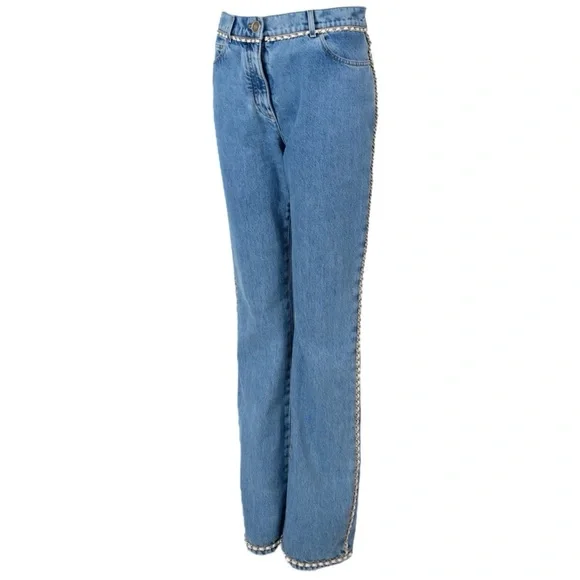 CHANEL 23N COCO NEIGE BLUE STRAIGHT JEANS WITH WHITE LEATHER CHAIN TRIMS SIZE 36 - Picture 15 of 16